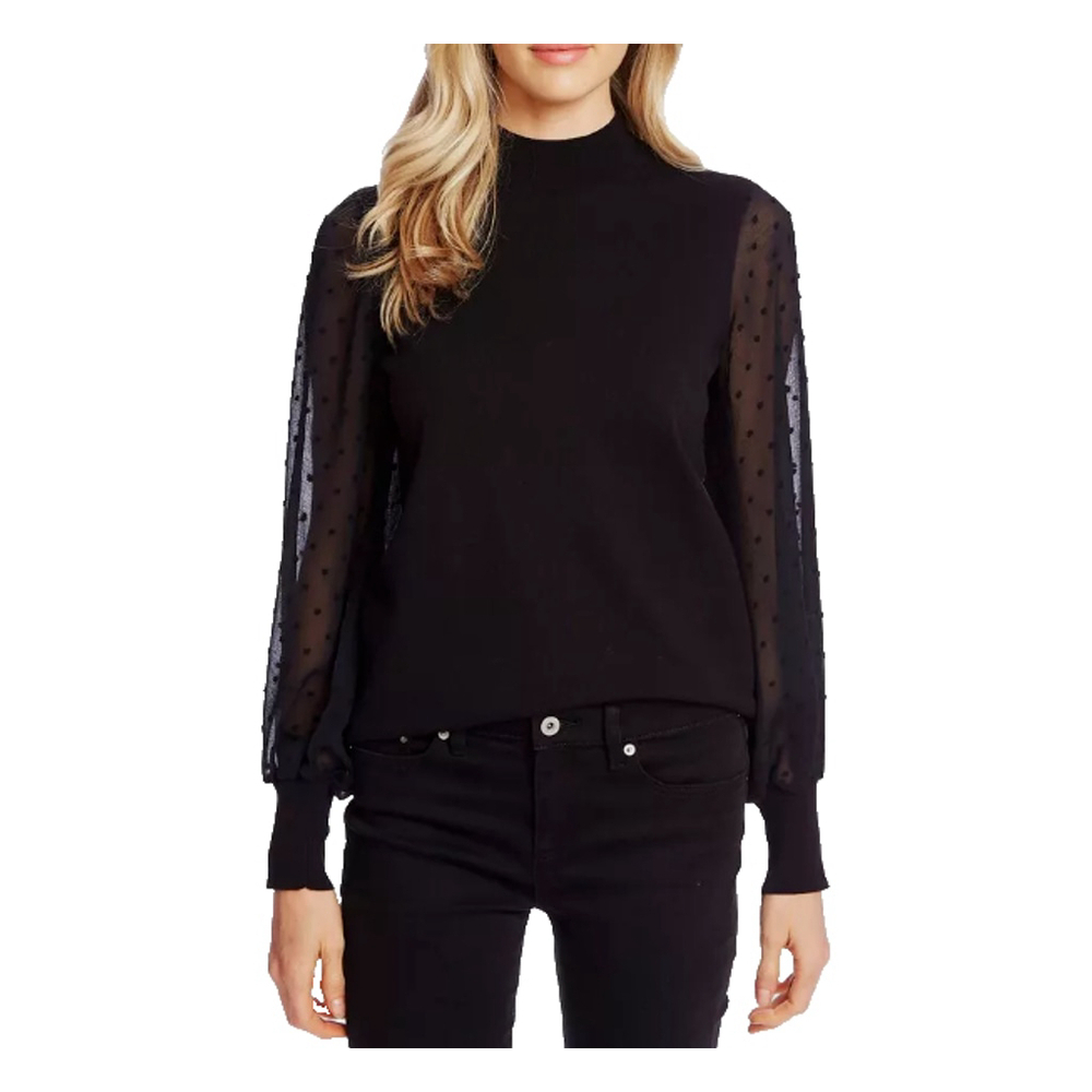 CeCe Women's Black Clip Dot Mock Neck Sheer Long Sleeve Sweater Size Large